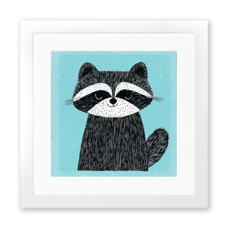 Cute Raccoon Kit Linoprint-Style Art (640-1)