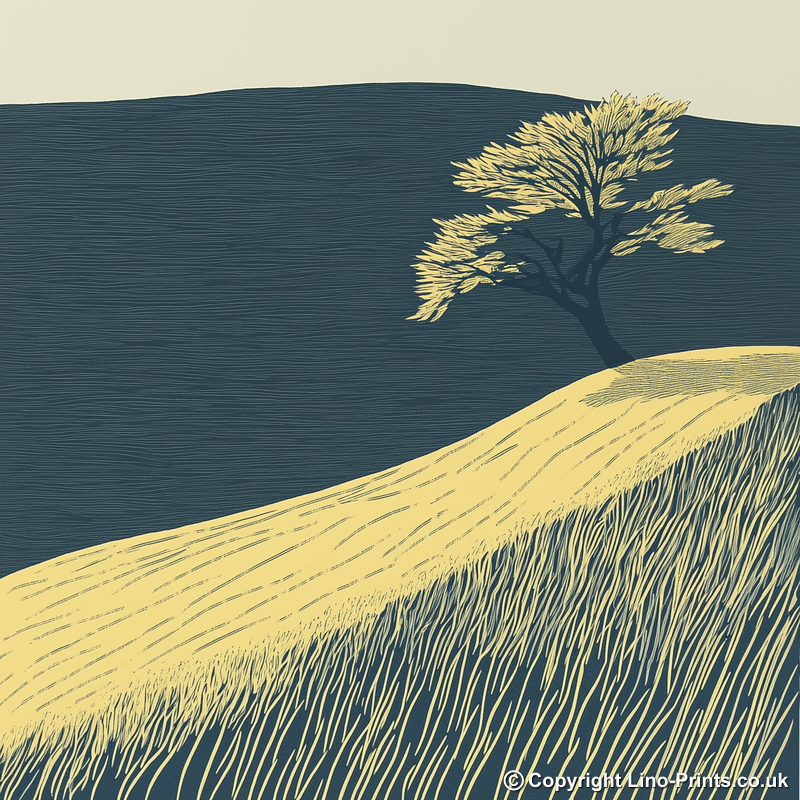 Lone windswept tree silhouette on a hill Linoprint-Style Art (2480-1)