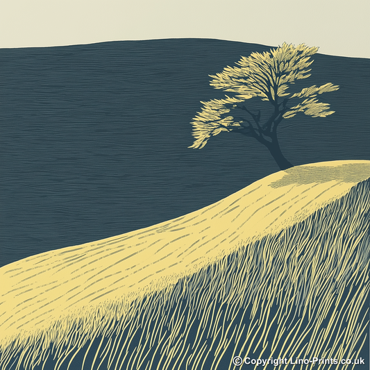 Lone windswept tree silhouette on a hill Linoprint-Style Art (2480-1)
