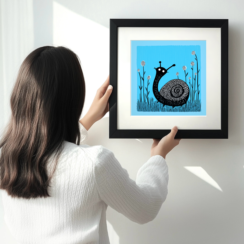 Snail on dewy grass Linoprint-Style Art (733-1)