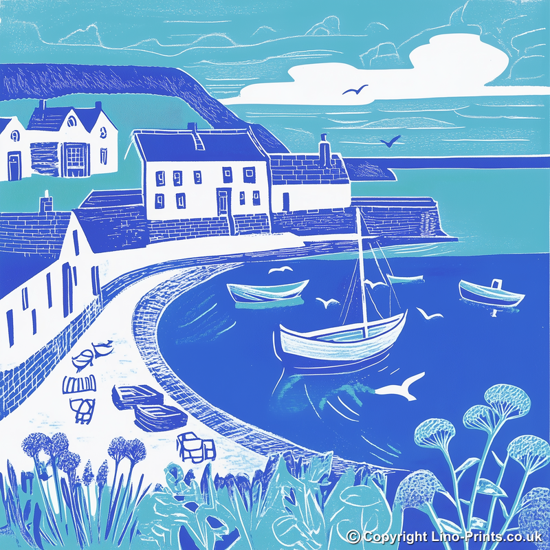 Coverack, Cornwall Linoprint-Style Art (1084-2)