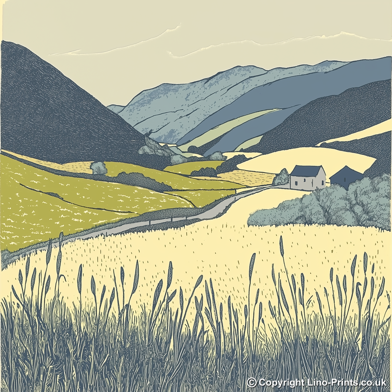 Borrowdale valley farms Linoprint-Style Art (2373-2)