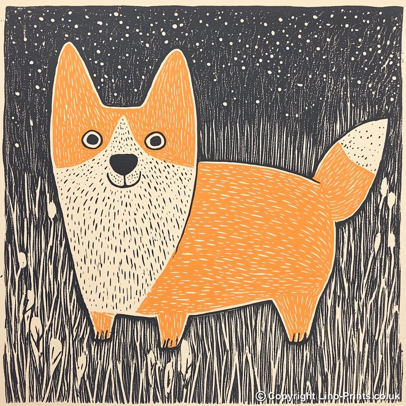 Welsh Corgi Linoprint-Style Art (1491-1)