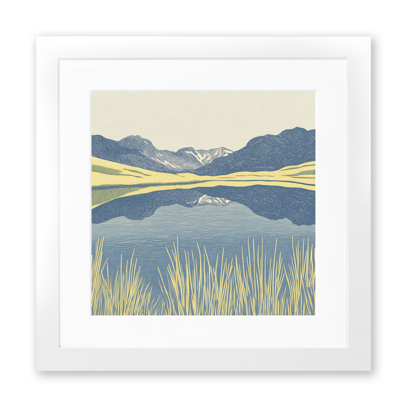 Blea Tarn reflections of Langdales Linoprint-Style Art (2362-3)