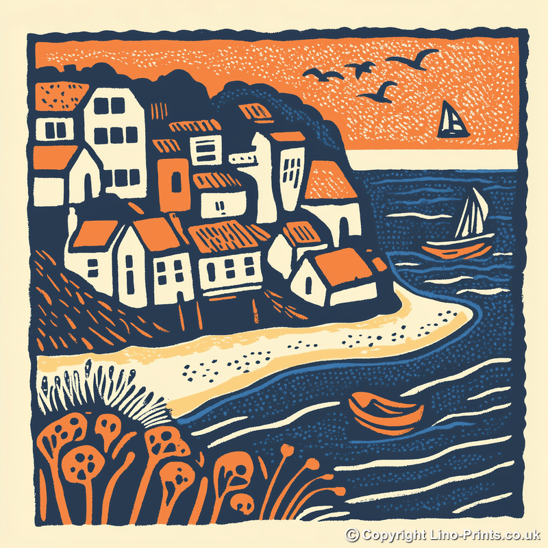 Robin Hood’s Bay, North Yorkshire Linoprint-Style Art (150-3)