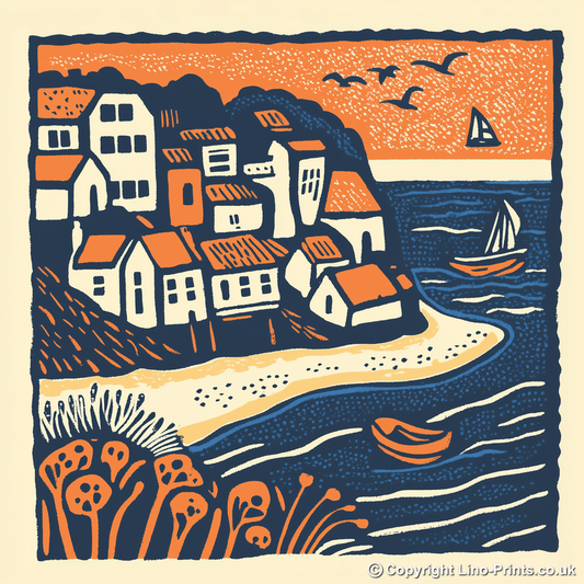 Robin Hood’s Bay, North Yorkshire Linoprint-Style Art (150-3)