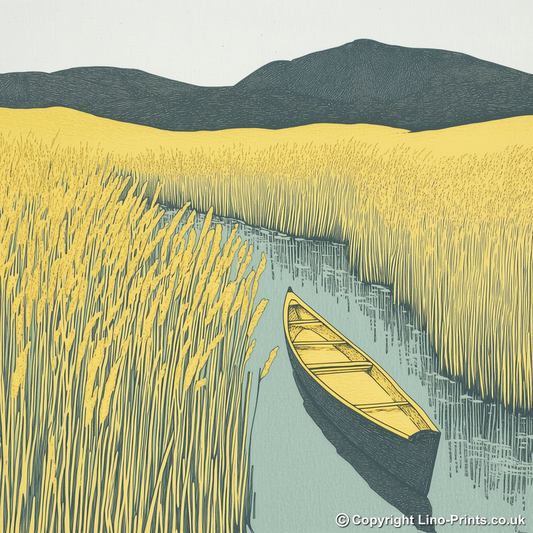 Canoe in reeds at Elterwater Linoprint-Style Art (2380-4)