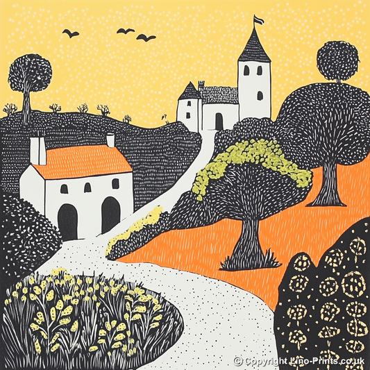 Portmeirion Village, Wales Linoprint-Style Art (186-1)