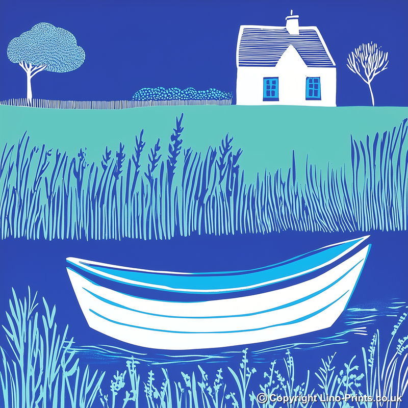 Norfolk Broads boat on still water Linoprint-Style Art (1809-1)