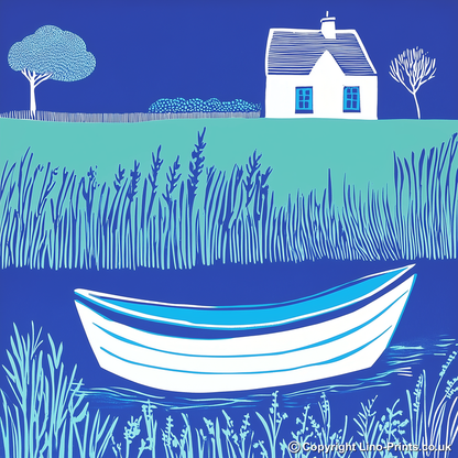 Norfolk Broads boat on still water Linoprint-Style Art (1809-1)