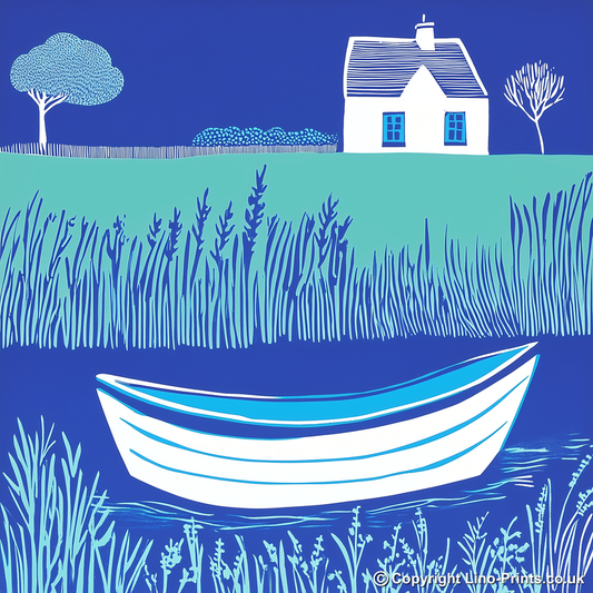 Norfolk Broads boat on still water Linoprint-Style Art (1809-1)