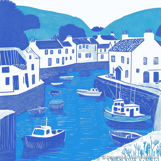 Polperro Harbour, Cornwall Linoprint-Style Art (1098-1)