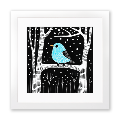 Robin on frosty branch Linoprint-Style Art (730-1)