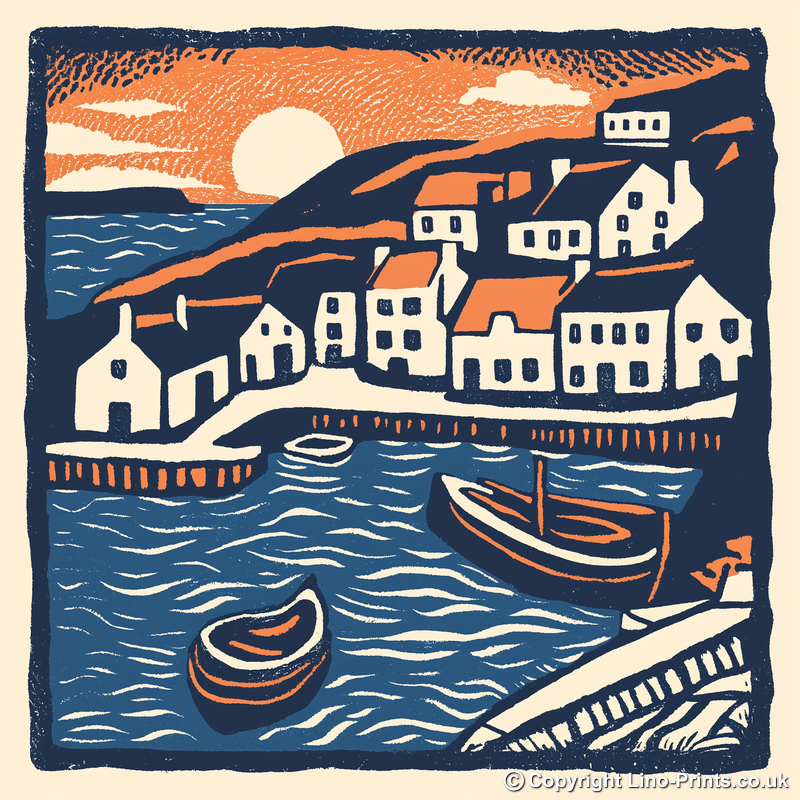 Mousehole Harbour, Cornwall Linoprint-Style Art (142-1)
