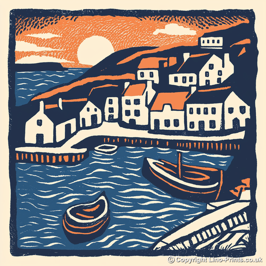 Mousehole Harbour, Cornwall Linoprint-Style Art (142-1)