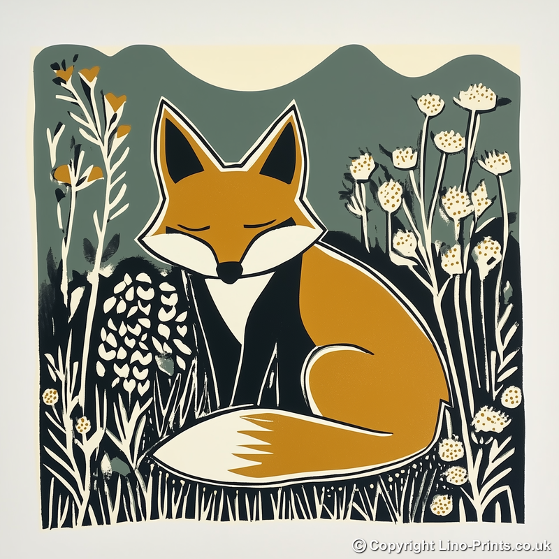 Cute Fox Cub Linoprint-Style Art (1204-1)