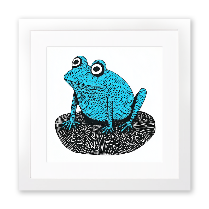 Frog on lily pad Linoprint-Style Art (715-1)