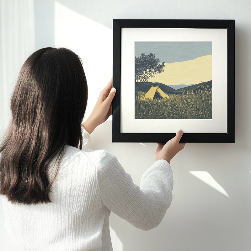 Wild campers tent at dawn silhouette Linoprint-Style Art (2602-2)
