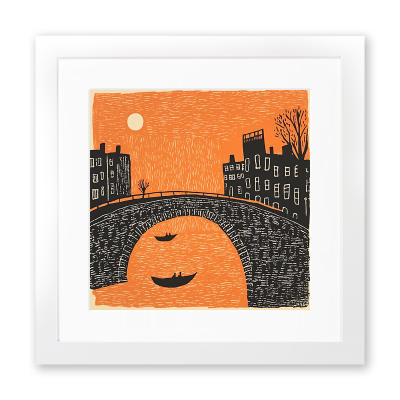 Cambridge punts and bridges Linoprint-Style Art (168-1)