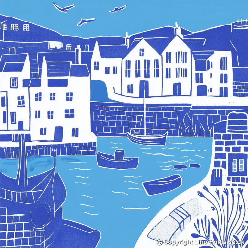 Mevagissey Harbour Linoprint-Style Art (890-1)