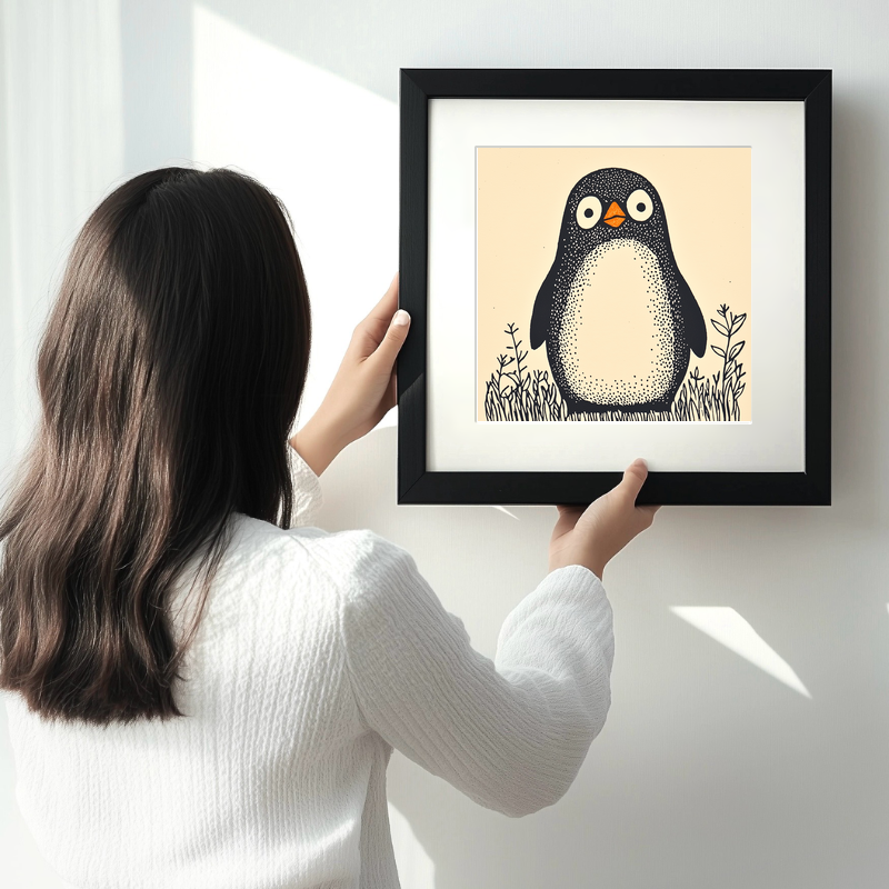 Cute Penguin Chick Linoprint-Style Art (233-1)