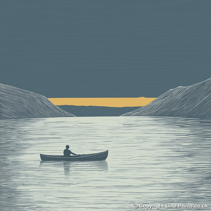 Kayaker silhouette on calm water Linoprint-Style Art (2468-1)