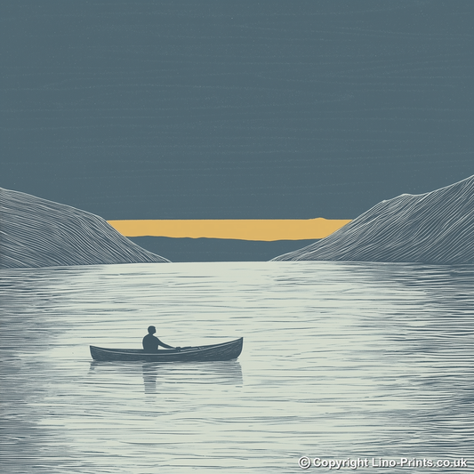 Kayaker silhouette on calm water Linoprint-Style Art (2468-1)
