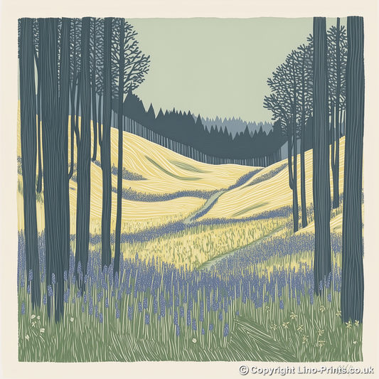 Bluebells in woodland Linoprint-Style Art (2366-1)