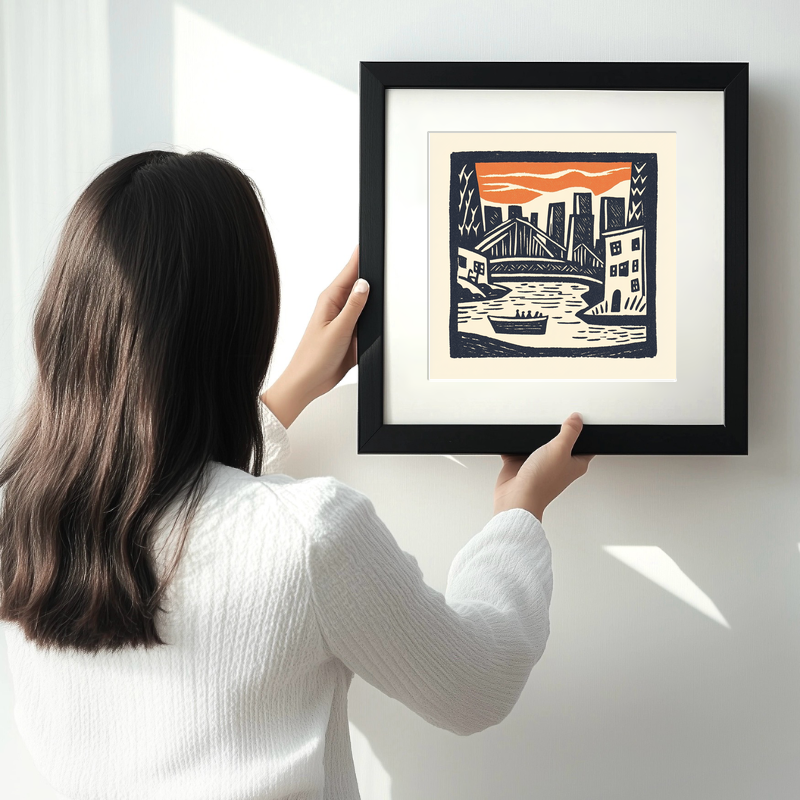 New York Brooklyn Bridge Linoprint-Style Art (22-2)