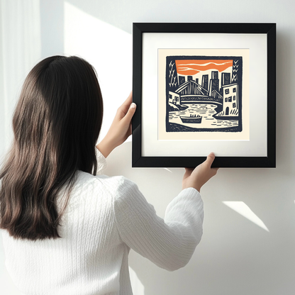 New York Brooklyn Bridge Linoprint-Style Art (22-2)