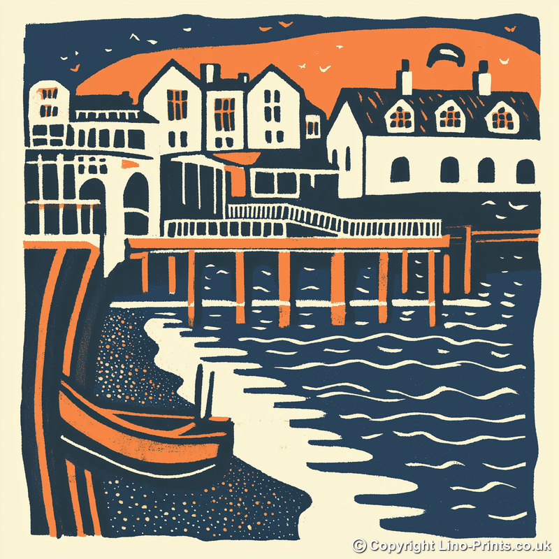 Brighton Beach and Pier Linoprint-Style Art (126-1)