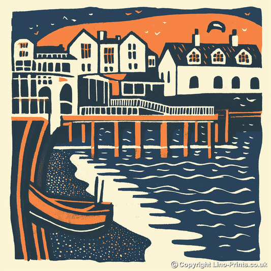 Brighton Beach and Pier Linoprint-Style Art (126-1)