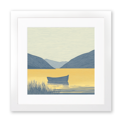 Rowing boat silhouette on calm lake Linoprint-Style Art (2523-2)