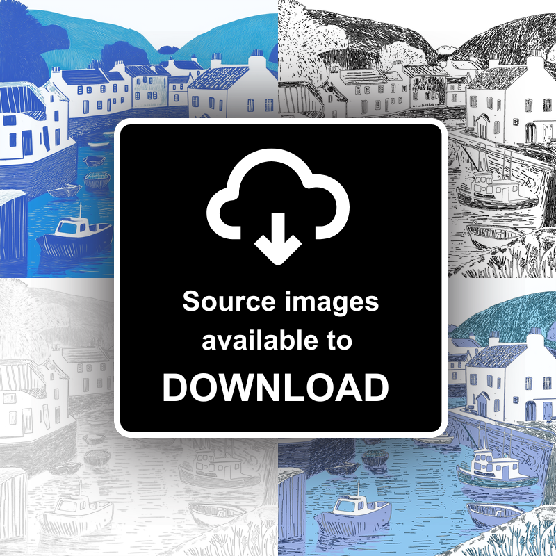 Polperro Harbour, Cornwall Linoprint-Style Art (1098-1)