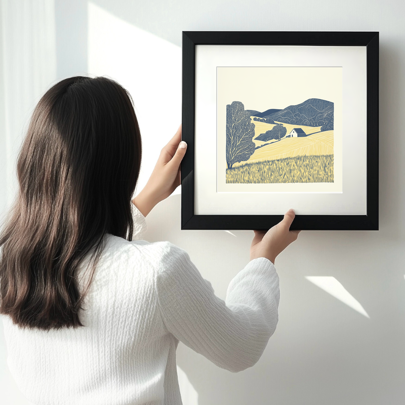 Farmstead nestled in valley Linoprint-Style Art (2423-1)