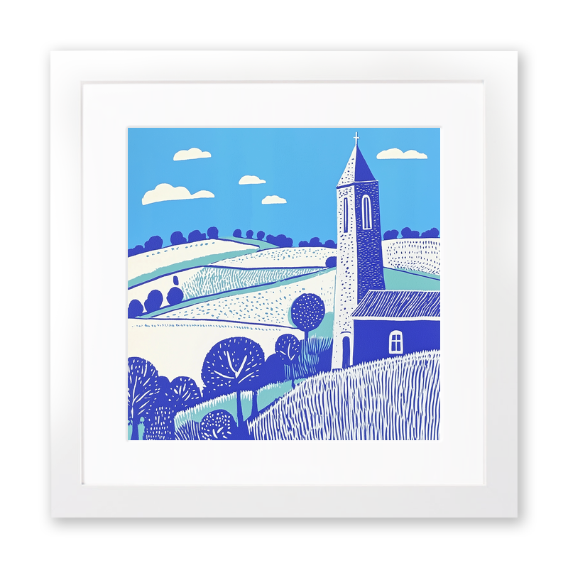 Church tower rising from flat fields Linoprint-Style Art (1769-1)