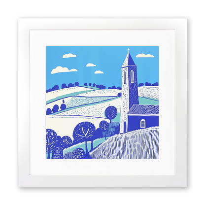 Church tower rising from flat fields Linoprint-Style Art (1769-1)