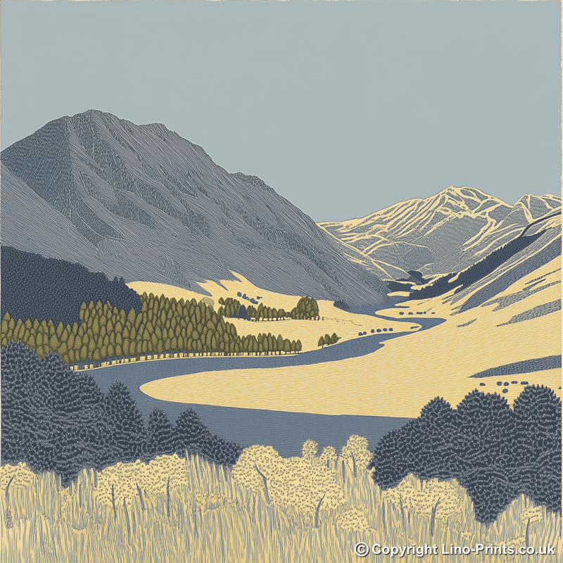 Dow Crag in the Lake District Linoprint-Style Art (2407-1)