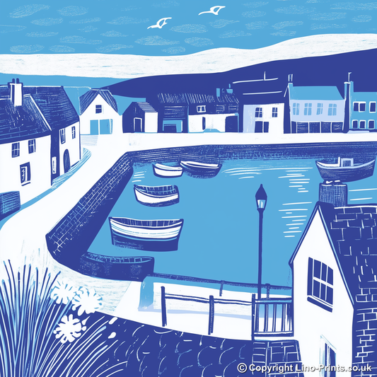 Seahouses Harbour, Northumberland Linoprint-Style Art (1107-1)