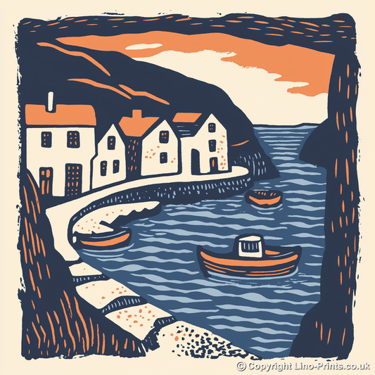 Polperro Harbour, Cornwall Linoprint-Style Art (144-2)