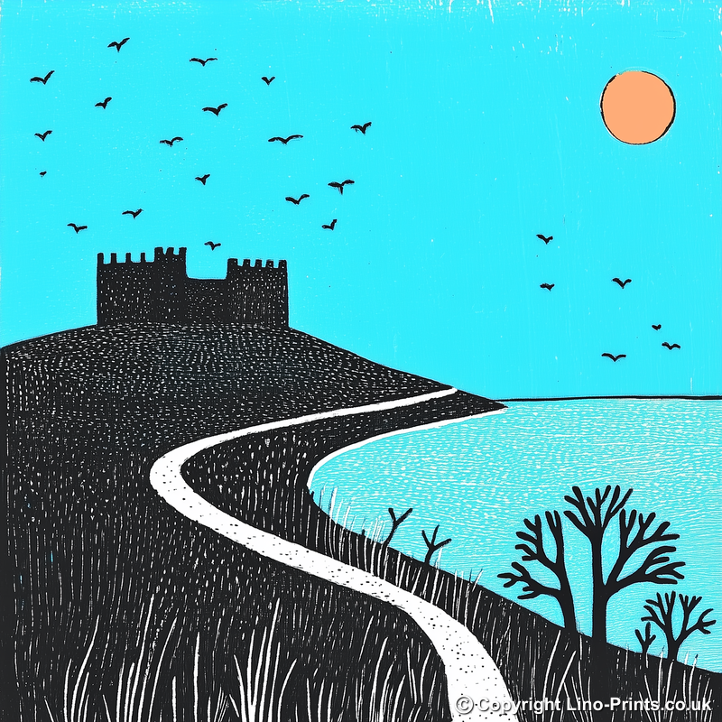 Bamburgh Beach and Castle, Northumberland Linoprint-Style Art (785-2)