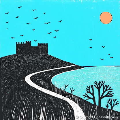 Bamburgh Beach and Castle, Northumberland Linoprint-Style Art (785-2)