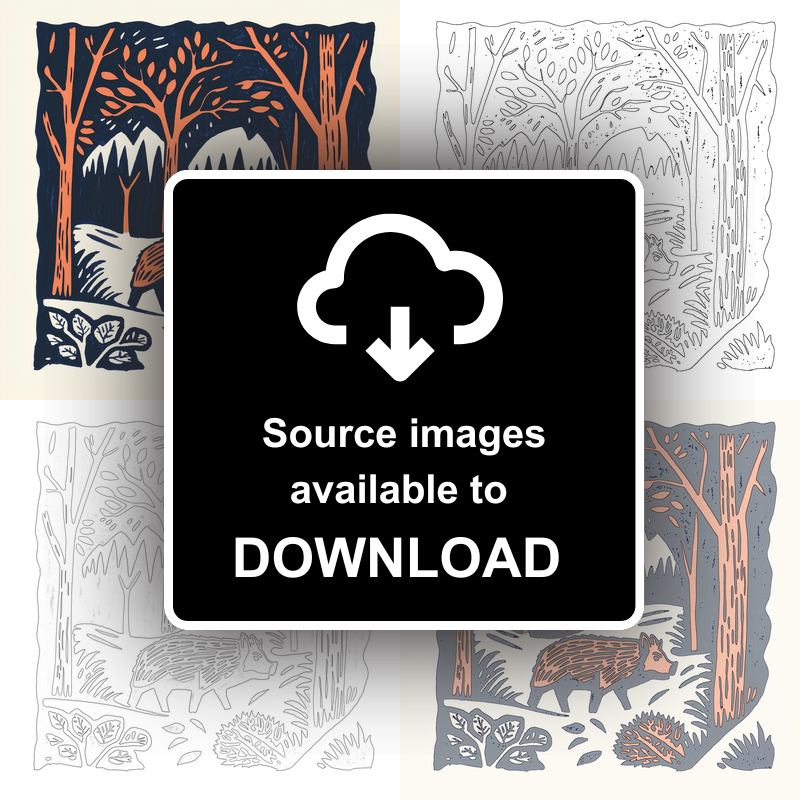 Wild boar in forest Linoprint-Style Art (117-1)