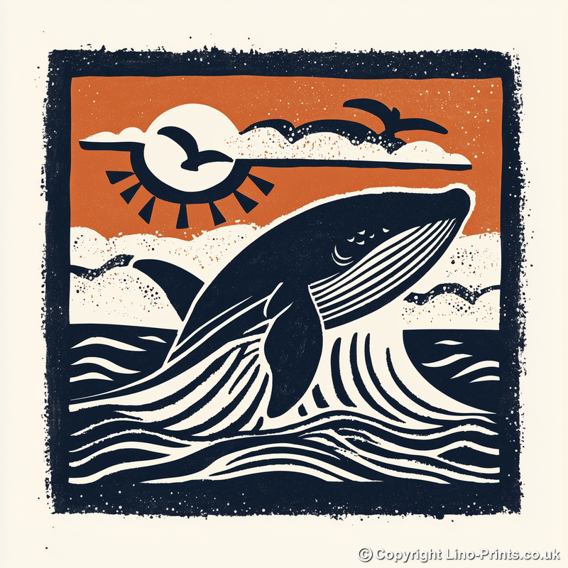 Whale breaching the surface Linoprint-Style Art (116-1)