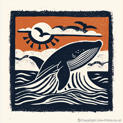Whale breaching the surface Linoprint-Style Art (116-1)