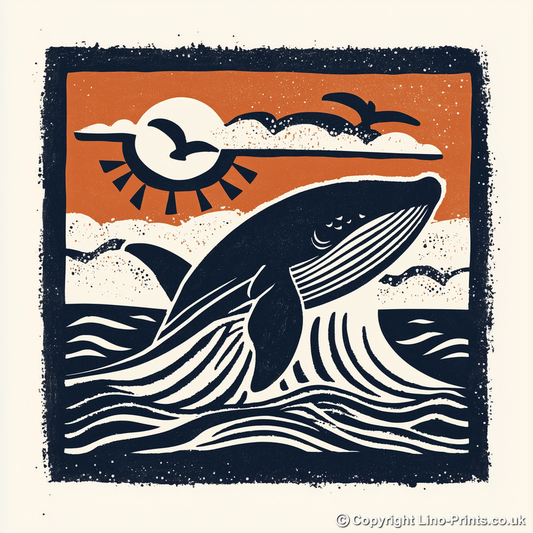 Whale breaching the surface Linoprint-Style Art (116-1)