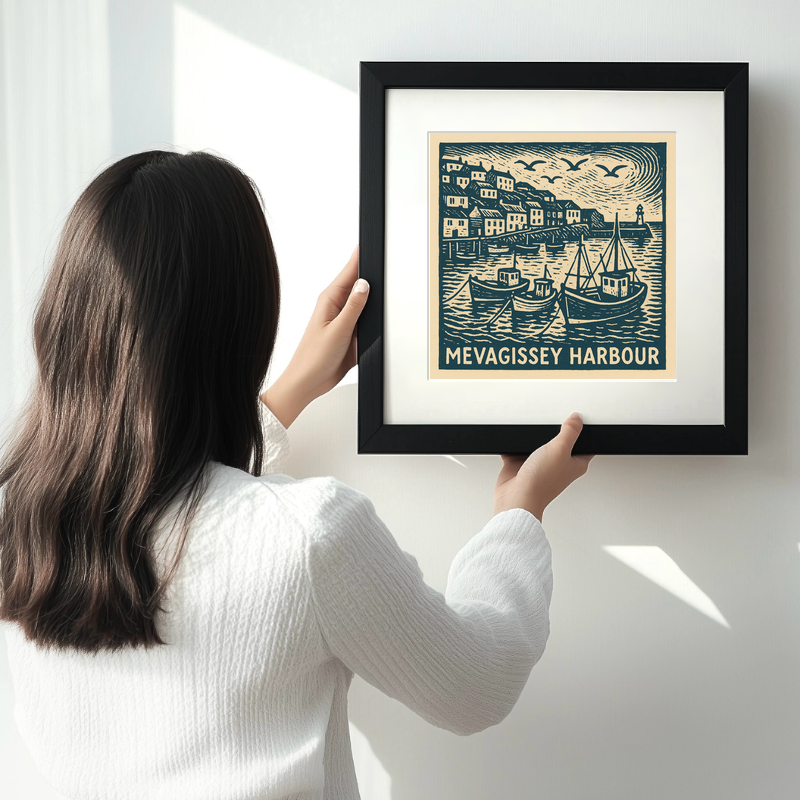 Mevagissey Harbour Linoprint-Style Art (c3)