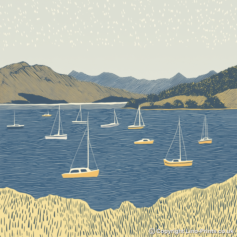 Lots of boats in Bowness Bay Linoprint-Style Art (2481-1)