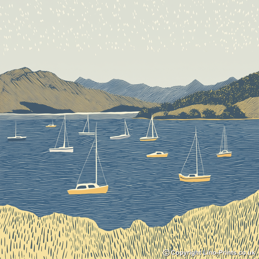 Lots of boats in Bowness Bay Linoprint-Style Art (2481-1)
