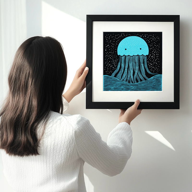 Jellyfish drifting in deep water Linoprint-Style Art (719-1)